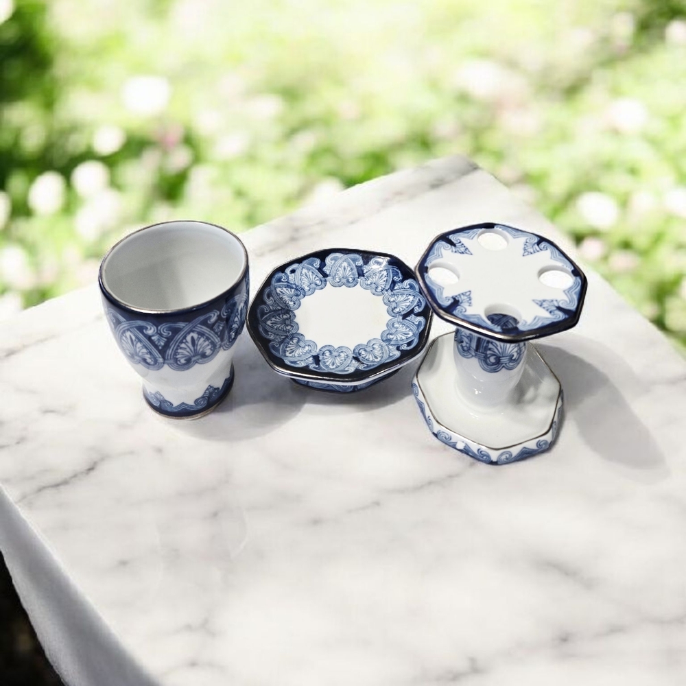 Bombay Company Vintage 3 Pieces Bathroom Accessory Set Blue and White Porcelain